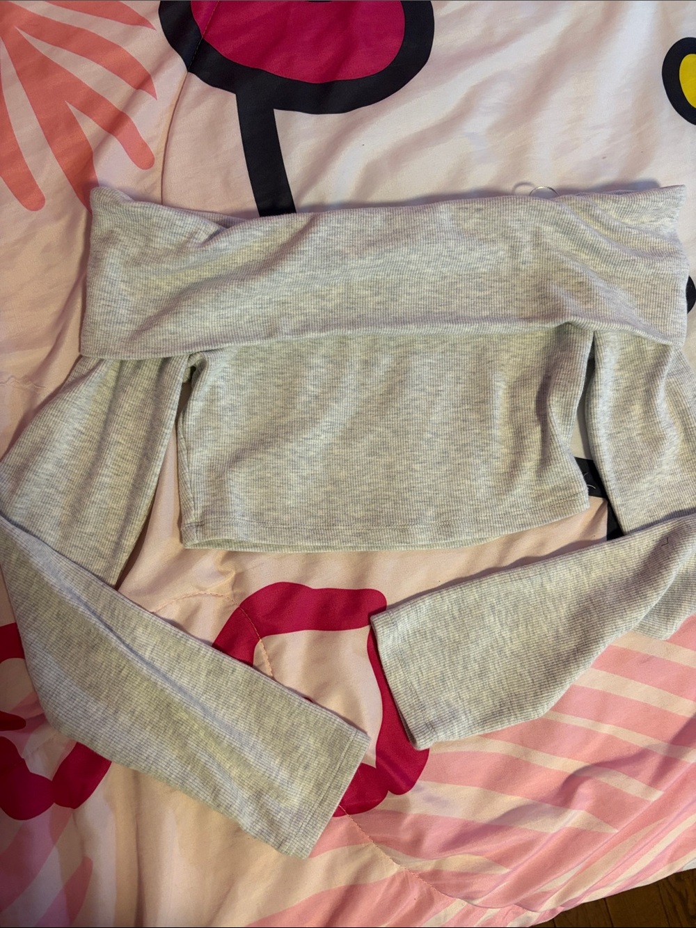 Garage Off-Shoulder Ribbed Long Sleeve Top in Light Gray